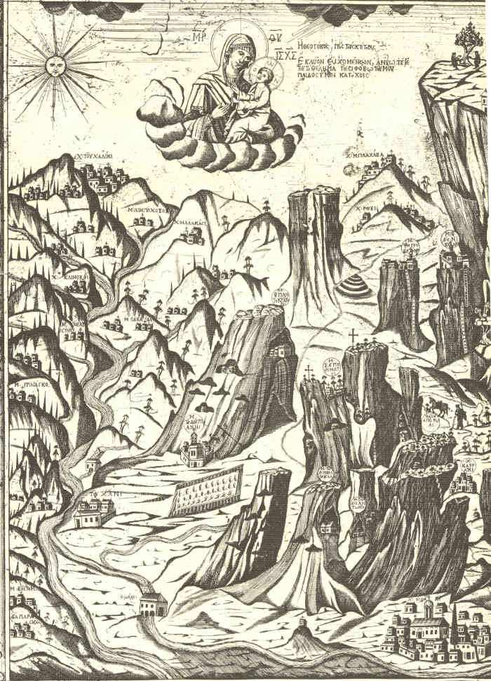 Εικ.9. Μεγάλο Μετέωρο, χαλκογραφία Παρθενίου Ελασσονίτη (έτ. 1782), λεπτομέρεια με μερική απεικόνιση χωριών του Ασπροποτάμου.