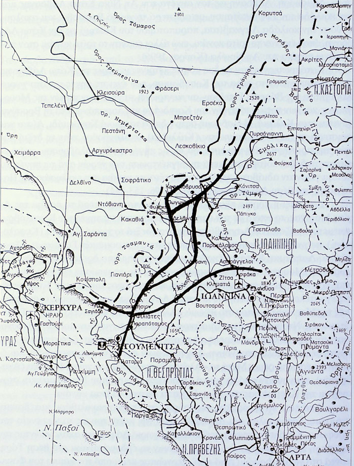 Χάρτης 1. Οι διαδρομές των ημινομάδων Αρβανιτόβλαχων από τα ορεινά στα χειμαδιά (παράλια) μετά το 1950