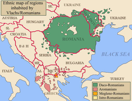 Εικ. 1: Χάρτης των Βαλκανίων με τις περιοχές που κατοικούνται από Λατινόφωνους. Πηγή: Olahus (https://commons.wikimedia.org/w/index.php?curid=259544, 25-1-20)