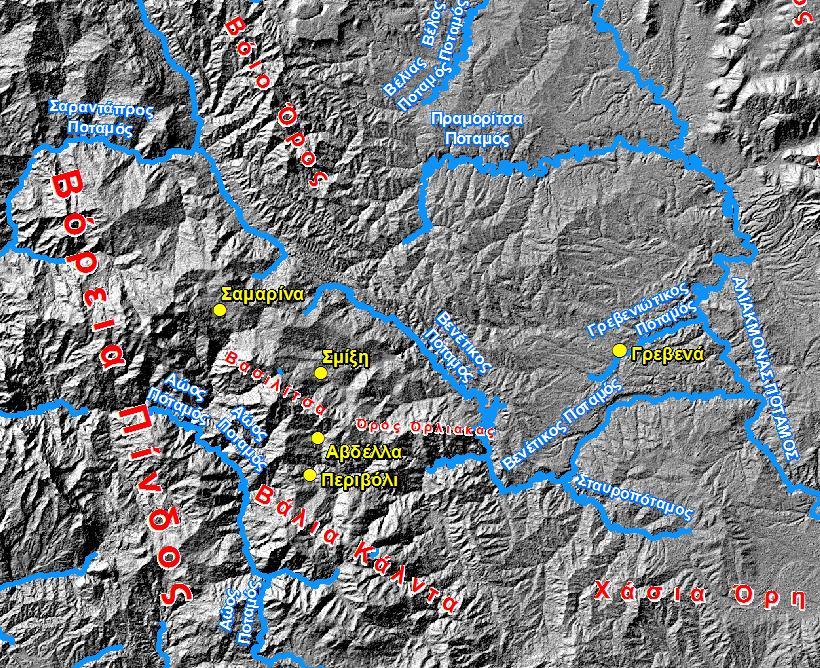 Χάρτης 1. Η γεωγραφική θέση του οικισμού Περιβόλι, υπόβαθρο: ανάγλυφο εδάφους (Hillshade) [κλίμακα 1:250,000].