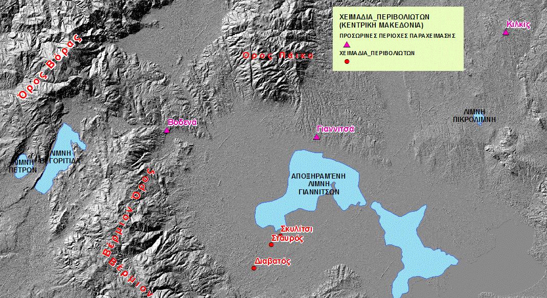 Χάρτης 3. Χειμαδιά στην περιοχή της Κεντρ. Μακεδονίας, υπόβαθρο: ανάγλυφο εδάφους (Hillshade) πριν από το 1930, όπου φαίνεται και η λίμνη των Γιαννιτσών [κλίμακα 1:250,000].
