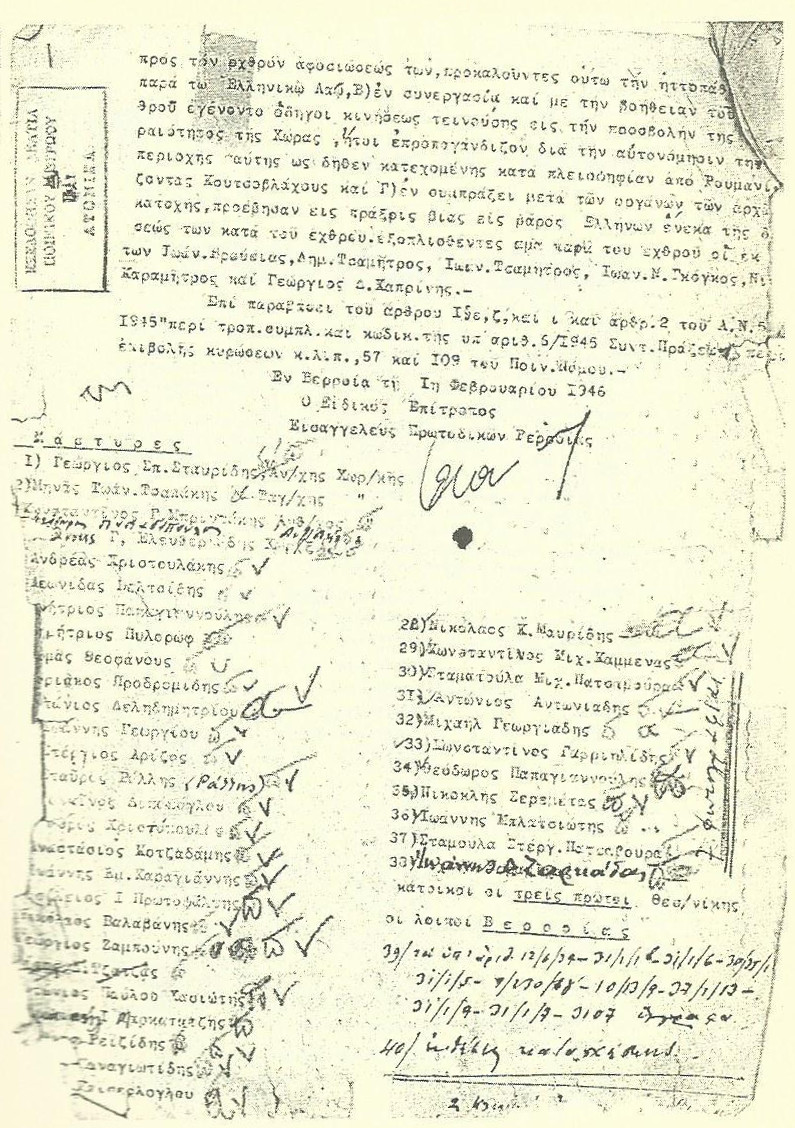 Πινάκιο των μαρτύρων στη δίκη για δοσιλογισμό. Βέροια 1 Φεβρουαρίου 1946. Αλέξανδρος Χατζηκώστας, Η Ημαθία στον Εμφύλιο 1946-1949