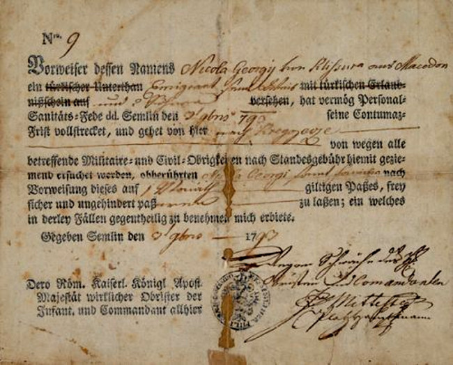 Ταξιδιωτικό έγγραφο εισόδου στην Αυστροουγγαρία του Κλεισουριώτη εμπόρου Νικολάου Γεωργίου, Ζέμουν 1793