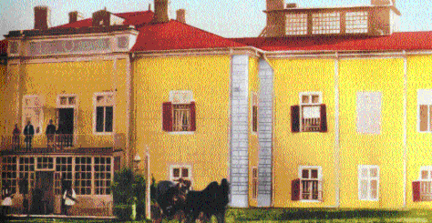 Το μέγαρο των Ζάππα στο Μπροστενι, που κτίστηκε το 1857 και δεν υπάρχει σήμερα, ήταν ένα γιγαντιαίο οικοδόμημα, καθαρά ευρωπαϊκού ρυθμού. Διακρίνονται οι φουστανελοφόροι φρουροί του μεγάρου, ο Ευαγγέλης και ο Κωνσταντίνος στον εξώστη του μεγάρου τους και η μεγαλοπρεπής άμαξα των Ζάππα έτοιμη για αναχώρηση